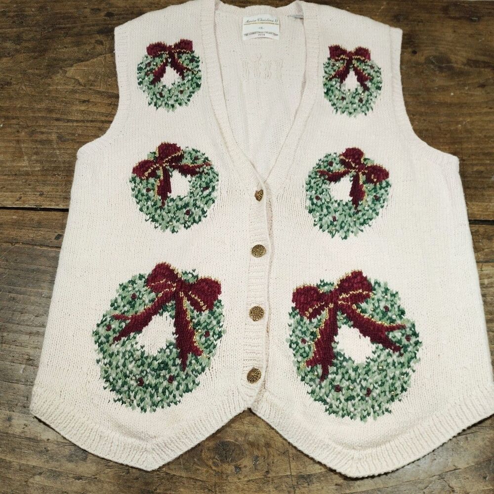 Vintage Marisa Christina Sweater Vest 1X Christmas Wreath Embroidered Beaded